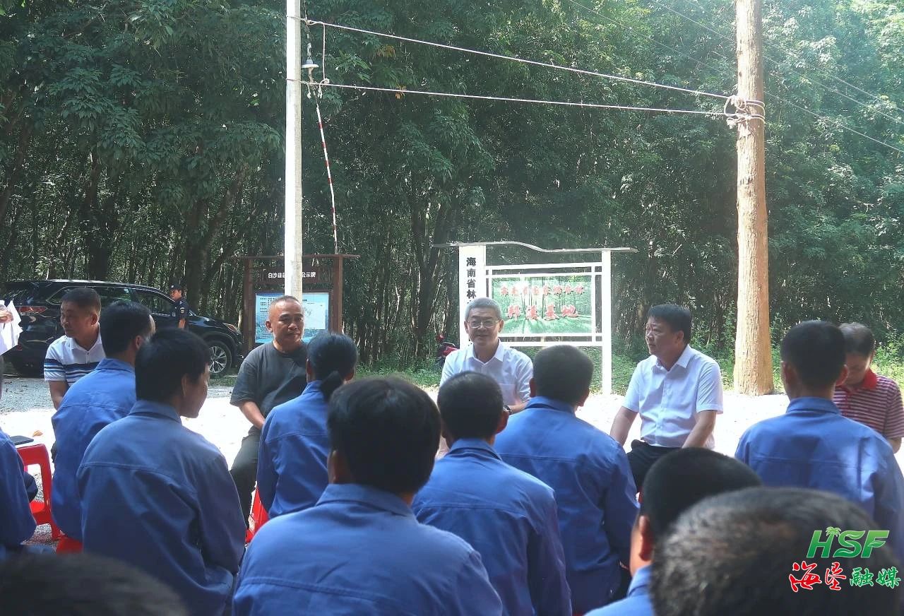 艾轶伦一行人在海南橡胶国溪分公司国溪派驻组十六队胶林里与胶工座谈